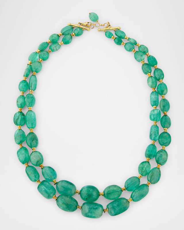 G One 18K Yellow Gold 2 Strand Emerald Tumbled Bead Necklace with Hourglass Rondelles